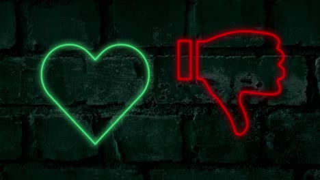Animation-of-green-neon-heart-and-red-thumbs-up-and-down-and-cloud-signs-flashing-on-brick-backgroun