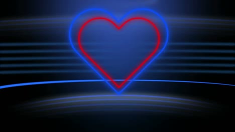 Animation-of-red-concentric-neon-hearts-flashing-on-dark-lined-background