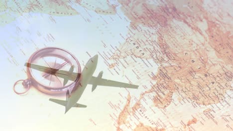 Animation-Eines-Flugzeugs,-Das-über-Kompass-Und-Karte-Von-Asien-Fliegt