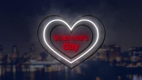 Animation-of-valentine's-day-in-red-with-yellow-and-white-neon-hearts-flashing-on-blurred-cityscape