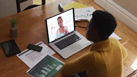 African-american-woman-using-laptop-on-video-call-with-female-colleague-working-from-home
