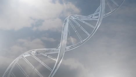 Animation-of-3d-dna-strand-spinning-over-clouds-on-blue-sky