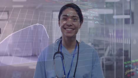 Animation-of-digital-interface-showing-statistics-with-female-doctor-looking-at-camera-and-smiling