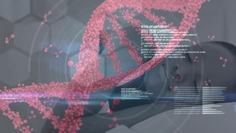Animation-Des-Spinnens-Und-Der-Datenverarbeitung-Eines-3D-DNA-Strangs-über-Einer-Schlafenden-Frau