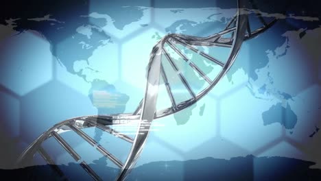 Animation-of-3d-dna-strand-spinning-and-data-processing-over-world-map