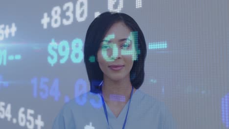 Animation-of-digital-interface-showing-statistics-with-female-doctor-looking-at-camera-and-smiling