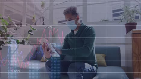 Animation-of-digital-interface-showing-statistics-with-man-using-tablet-wearing-face-masks