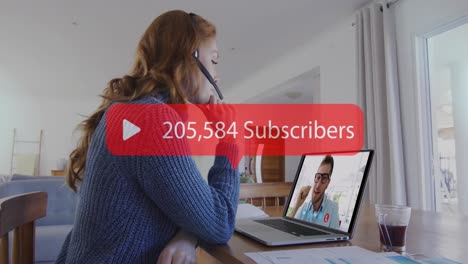 Animation-of-speech-bubble-with-number-of-subscribers-growing-over-woman-using-laptop-on-video-call