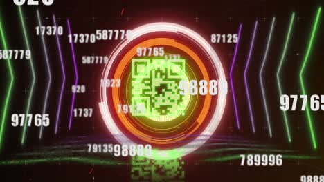 Animation-of-qr-code,-scope-scanning-and-numbers-changing-over-neon-elements-in-background