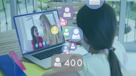 Animation-of-people-icons-and-speech-bubble-with-numbers-over-girl-in-face-using-laptop-on-video-cal