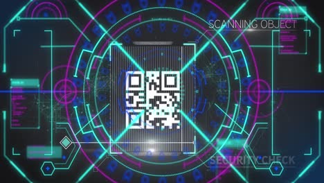 Animation-of-scope-scanning-and-qr-code-security-check-on-black-background