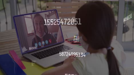 Animation-of-numbers-changing-over-girl-in-face-mask-using-laptop-on-video-call