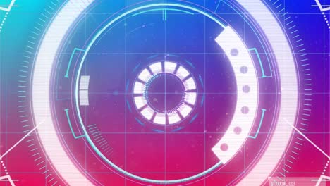 Animation-of-scope-scanning-and-data-processing-over-grid-on-glowing-pink-to-blue-background