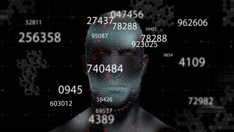 Digital-animation-of-multiple-changing-numbers-against-human-face-model-on-black-background