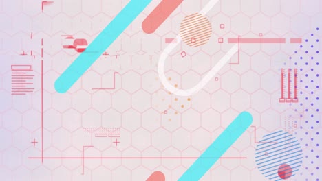 Animation-of-red-glowing-lines-and-abstract-shapes-on-network-of-hexagons-on-pink-background