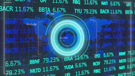 Stock-market-data-processing-over-world-map-against-neon-round-scanner-on-blue-background