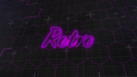 Animation-of-glowing-purple-retro-neon-flickering-text-over-hexagons-and-grid