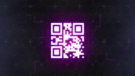 Animation-of-glowing-online-security-qr-code-with-markers-and-hexagons-on-black-background
