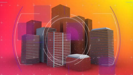 Animation-of-scope-scanning-and-cityscape-over-grid-in-background