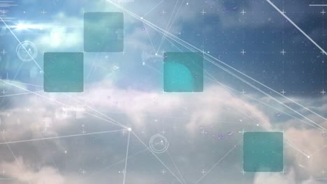 Animation-Eines-Netzwerks-Von-Verbindungen-Und-Flackernden-Quadraten-Auf-Wolkenhintergrund