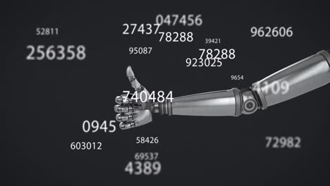 Animation-of-numbers-changing-over-robot-giving-thumbs-up-on-black-background