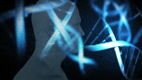 Animation-Von-3D-blauen-DNA-Strängen,-Die-Sich-über-Den-Menschlichen-Kopf-Drehen