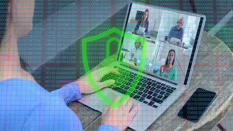 Animation-of-digital-online-security-padlock-over-woman-using-laptop-on-video-call