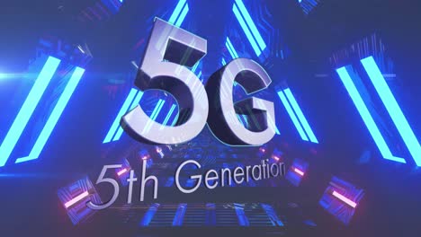 Animation-of-5g-5th-generation-text-over-blue-neon-glowing-tunnel-in-background
