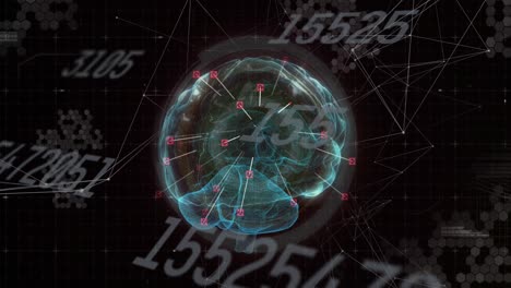 Animation-of-numbers-changing-over-glowing-human-brain-spinning-in-background