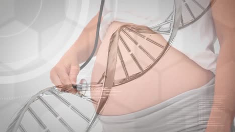 Animation-Eines-3D-DNA-Strangs,-Der-Sich-über-Den-Mittelteil-Einer-Schwangeren-Frau-Dreht