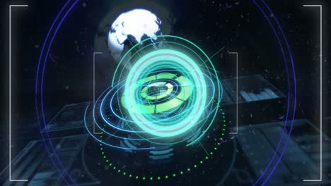 Animation-Des-Scope-Scannens-Und-Der-Datenverarbeitung-über-Einem-Sich-Drehenden-Globus-Im-Hintergrund