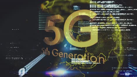 Animation-Der-5G-Text--Und-Datenverarbeitung-Der-5.-Generation-über-Dem-Globus-Im-Hintergrund