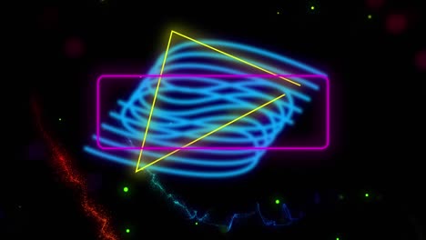 Animation-of-neon-glowing-abstract-shapes-over-light-trails-and-spots-in-background