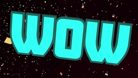 Animation-of-glowing-wow-blue-text-over-colourful-confetti-falling