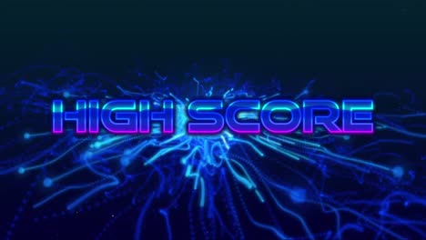 Animation-of-high-score-text-in-blue-metallic-letters-over-explosion-of-blue-light-trails