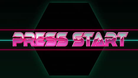 Animation-of-press-start-text-in-pink-metallic-letters-over-pink-and-green-lines-and-green-hexagons