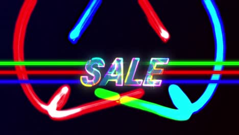 Animation-of-sale-text-in-glowing-colourful-letters-over-neon-lines-and-light-trails