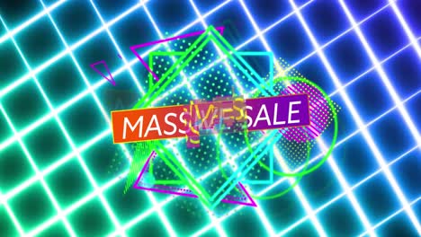 Animation-of-massive-sale-text-in-white-letters-over-glowing-neon-geometric-figures-on-neon-mesh