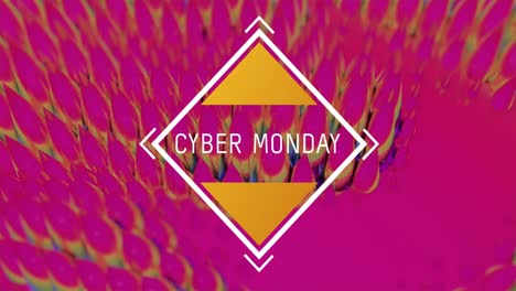 Animation-of-cyber-monday-text-in-yellow-diamond-frame-over-rotating-vibrant-pink-to-green-light-tra
