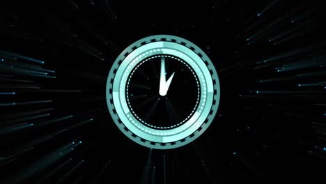 Animation-of-circular-scope-and-digital-interface-with-turning-clock-hands-on-black-background