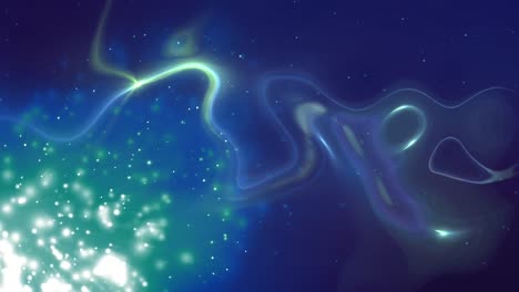 Animation-Von-Weißen-Flecken-Und-Lichtspuren-Auf-Grünem-Und-Blauem-Flüssigem-Hintergrund