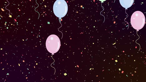 Animation-Mehrerer-Bunter-Luftballons,-Die-über-Fallendes-Buntes-Konfetti-Fliegen