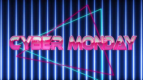 Animation-of-cyber-monday-text-in-pink-metallic-letters-over-neon-lines-and-triangles