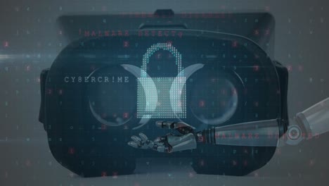 Animation-Eines-Online-Sicherheitsvorhängeschlosses-über-Dem-Roboterarm-Und-Einem-VR-Headset-Im-Hintergrund