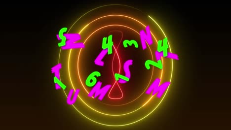 Animation-of-green-numbers-and-pink-letters-over-yellow-and-red-neon-design