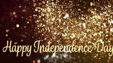 Animation-of-happy-independence-day-text-in-gold-glitter-letters-over-golden-particles