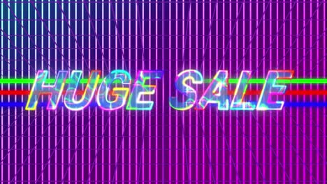 Animation-of-huge-sale-text-in-yellow-glowing-letters-over-purple-neon-lines-in-background