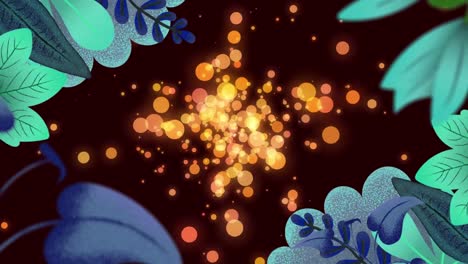 Animation-Von-Grünen-Und-Blauen-Blättern-über-Orangefarbenen-Flecken-Im-Hintergrund