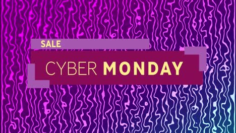 Animation-of-cyber-monday-sale-text-in-yellow-letters-over-neon-purple-waving-lines