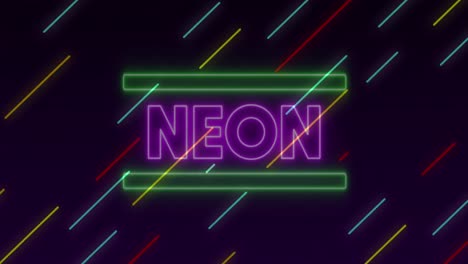 Animation-Des-Wortes-Neon-In-Rosa-Neonbuchstaben-Mit-Diagonalen-Farbigen-Linien,-Die-Sich-Auf-Schwarz-Bewegen